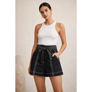 Ulla Johnson Gavin Belted Cotton Twill Shorts Black Contrast Stitch Size 6